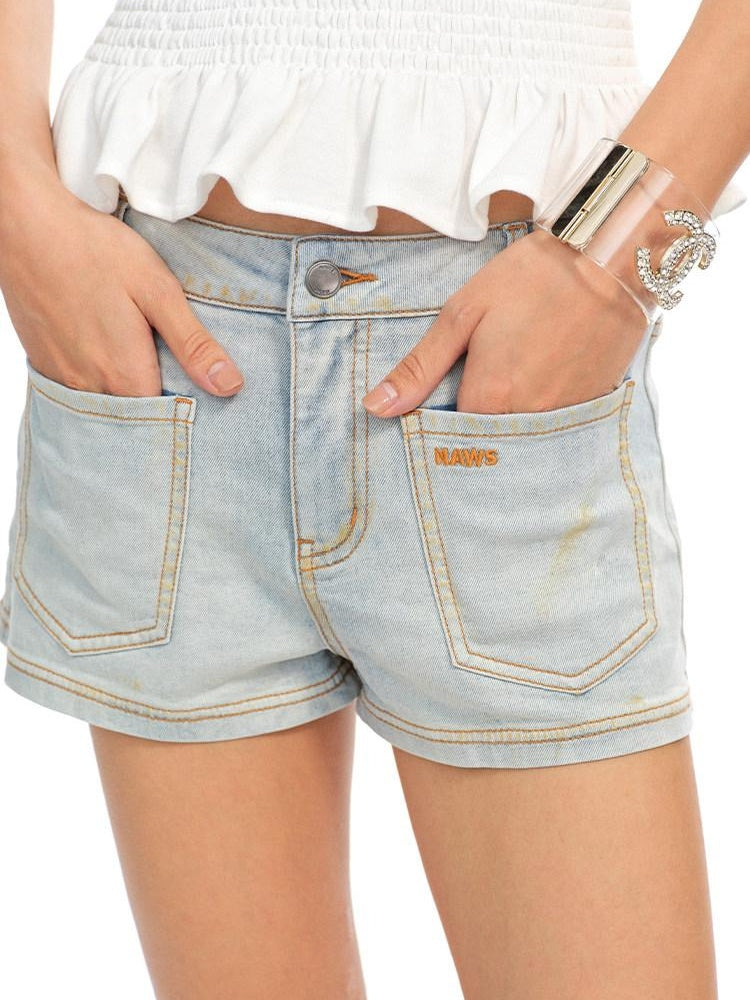 NAWSNOTAWEAR White Porcelain Slight Stretch Natural Waist Straight Button Fly Denim Shorts