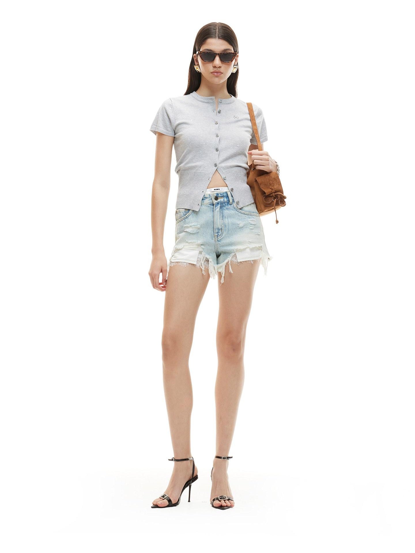 NAWSNOTAWEAR Wool Blend Casual Slim Button Collar Women Silver Gray Short Sleeve T-Shirts