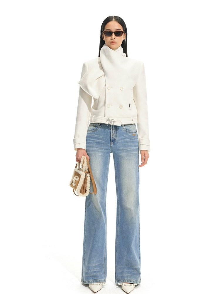 NAWSNOTAWEAR Wool Blend Double Breasted Stand Collar Short Commuter For Women Wool Coats