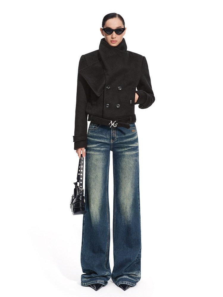 NAWSNOTAWEAR Wool Blend Double Breasted Stand Collar Short Commuter For Women Wool Coats