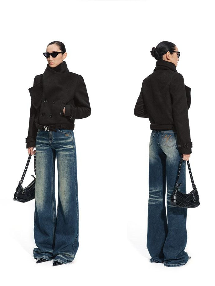NAWSNOTAWEAR Wool Blend Double Breasted Stand Collar Short Commuter For Women Wool Coats