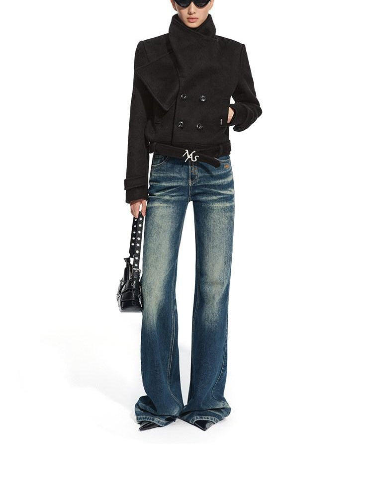 NAWSNOTAWEAR Wool Blend Double Breasted Stand Collar Short Commuter For Women Wool Coats