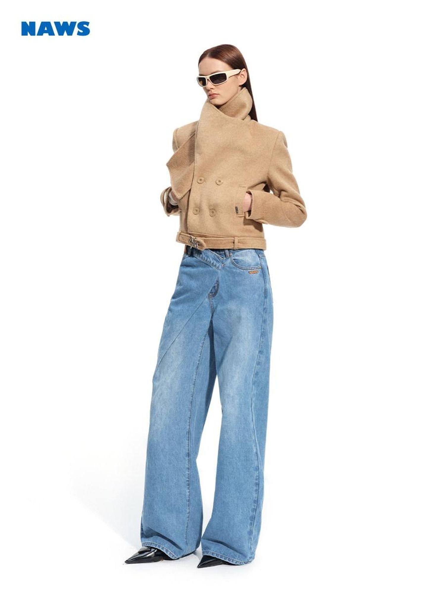 NAWSNOTAWEAR Wool Blend Double Breasted Stand Collar Short Commuter For Women Wool Coats