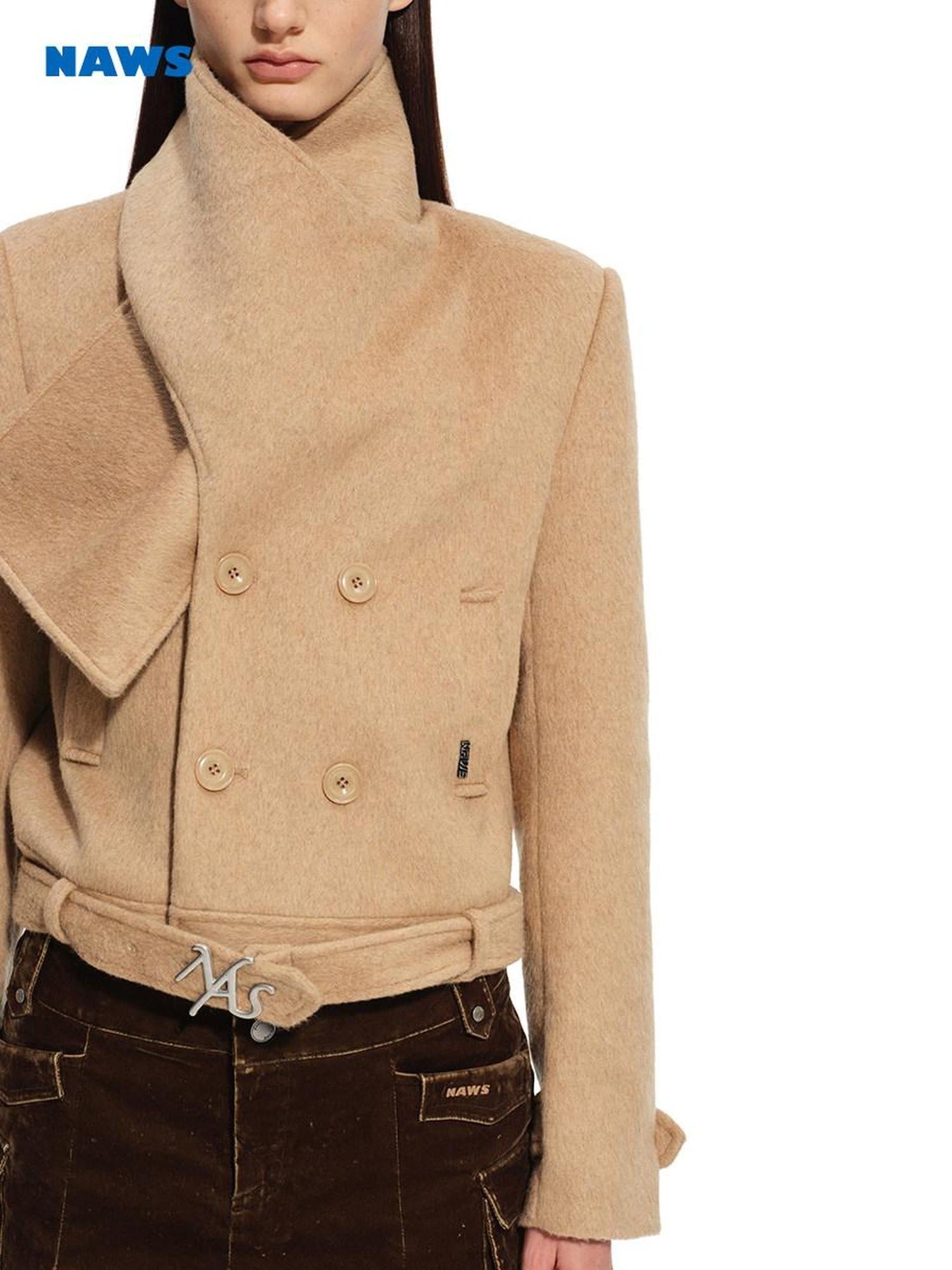 NAWSNOTAWEAR Wool Blend Double Breasted Stand Collar Short Commuter For Women Wool Coats