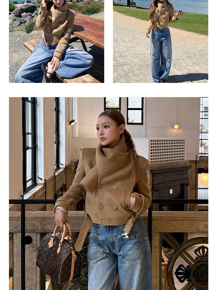 NAWSNOTAWEAR Wool Blend Double Breasted Stand Collar Short Commuter For Women Wool Coats