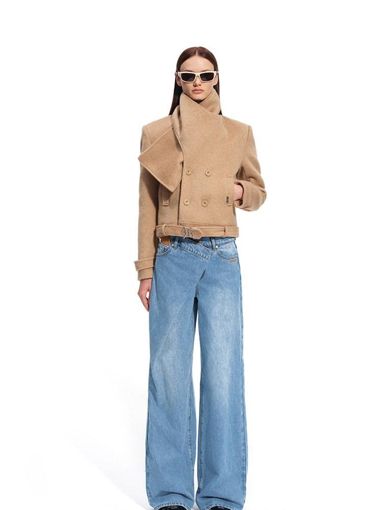 NAWSNOTAWEAR Wool Blend Double Breasted Stand Collar Short Commuter For Women Wool Coats