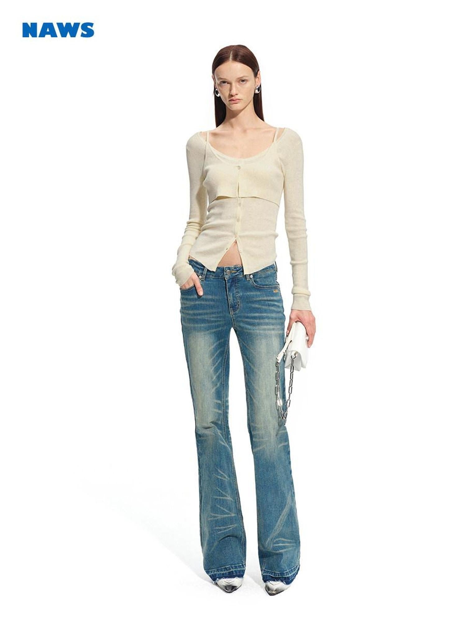 NAWSNOTAWEAR Wool Blend Slim Fit Faux Layered Knit Button Front Women Cloud Blue Cardigans