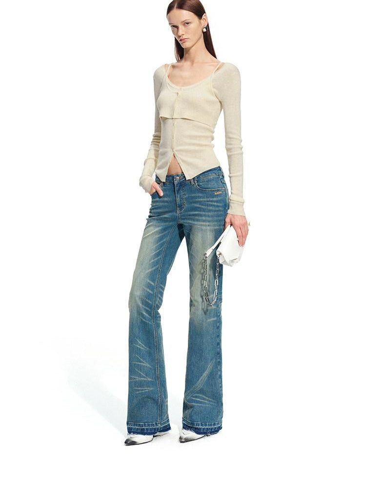 NAWSNOTAWEAR Wool Blend Slim Fit Faux Layered Knit Button Front Women Cloud Blue Cardigans