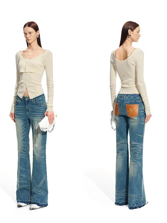 NAWSNOTAWEAR Wool Blend Slim Fit Faux Layered Knit Button Front Women Cloud Blue Cardigans