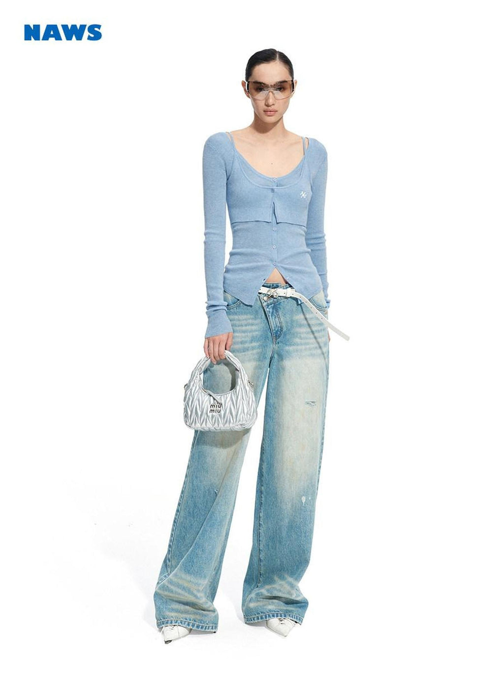 NAWSNOTAWEAR Wool Blend Slim Fit Faux Layered Knit Button Front Women Cloud Blue Cardigans