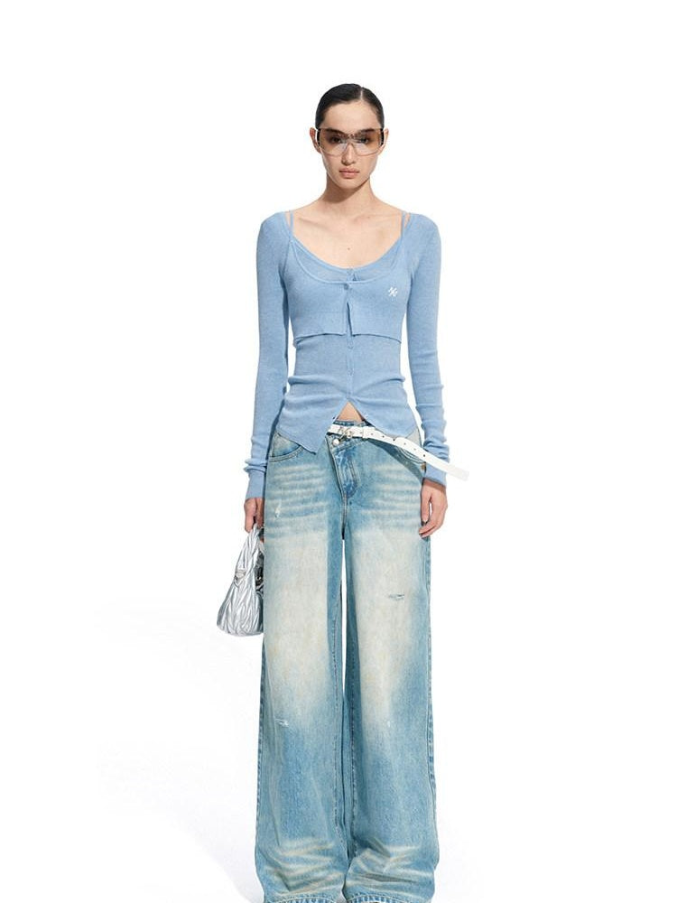 NAWSNOTAWEAR Wool Blend Slim Fit Faux Layered Knit Button Front Women Cloud Blue Cardigans