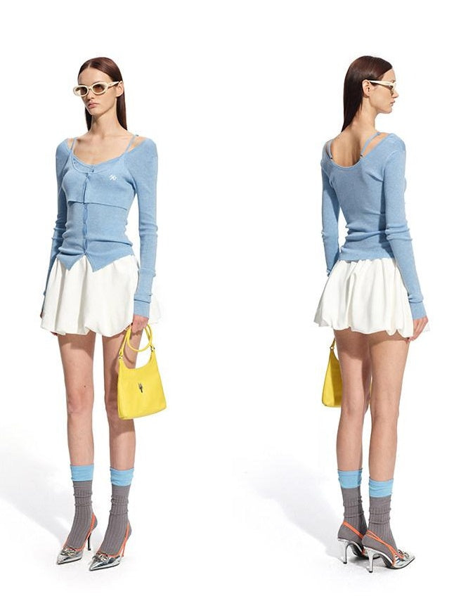 NAWSNOTAWEAR Wool Blend Slim Fit Faux Layered Knit Button Front Women Cloud Blue Cardigans