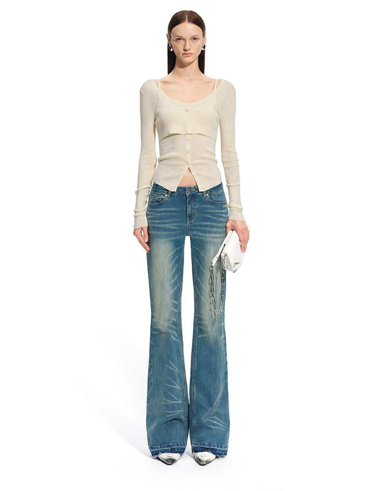 NAWSNOTAWEAR Wool Blend Slim Fit Faux Layered Knit Button Front Women Cloud Blue Cardigans