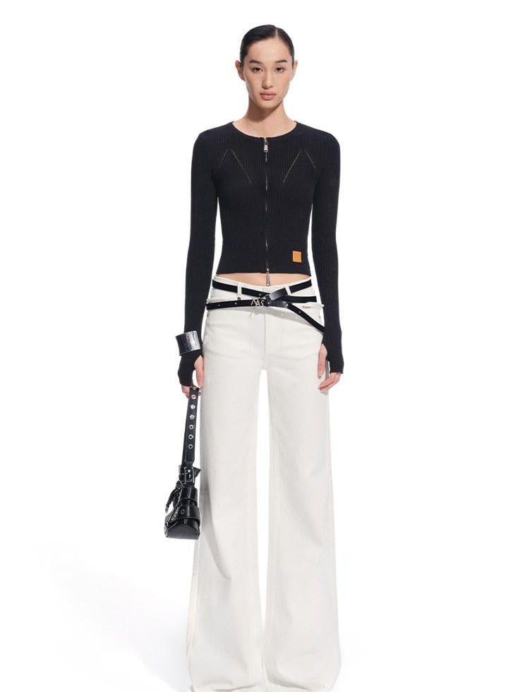 NAWSNOTAWEAR Wool Blend Slim Fit Zip Front Cropped Crew Neck Long Sleeve Women Knit Cardigans