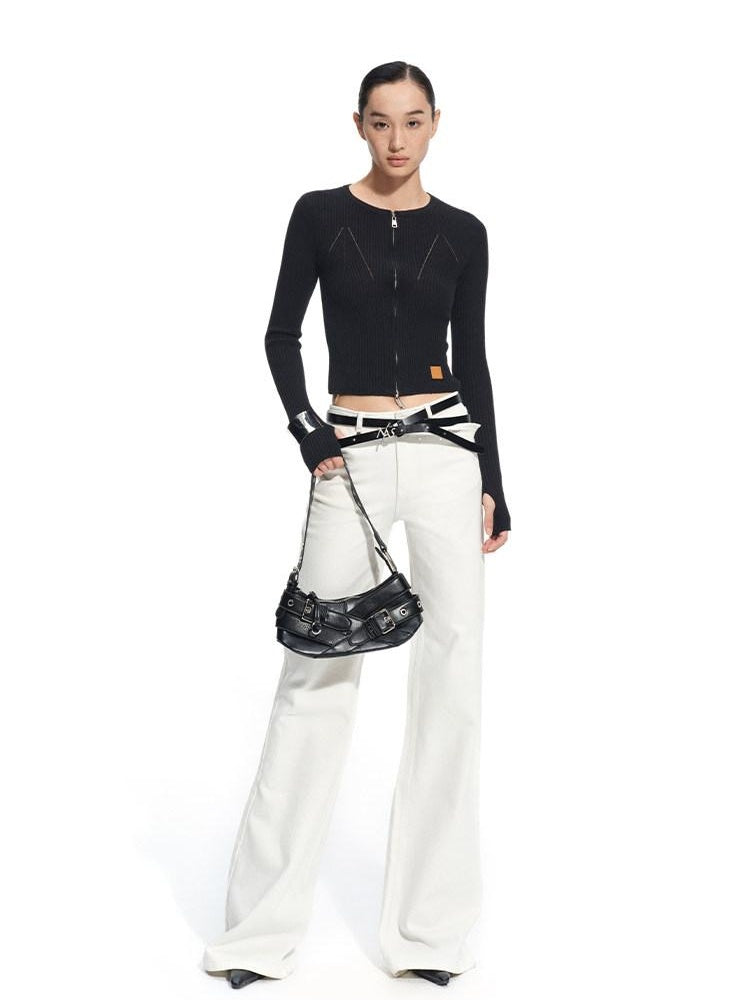 NAWSNOTAWEAR Wool Blend Slim Fit Zip Front Cropped Crew Neck Long Sleeve Women Knit Cardigans
