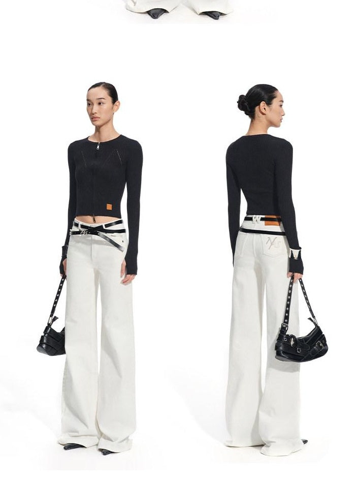 NAWSNOTAWEAR Wool Blend Slim Fit Zip Front Cropped Crew Neck Long Sleeve Women Knit Cardigans