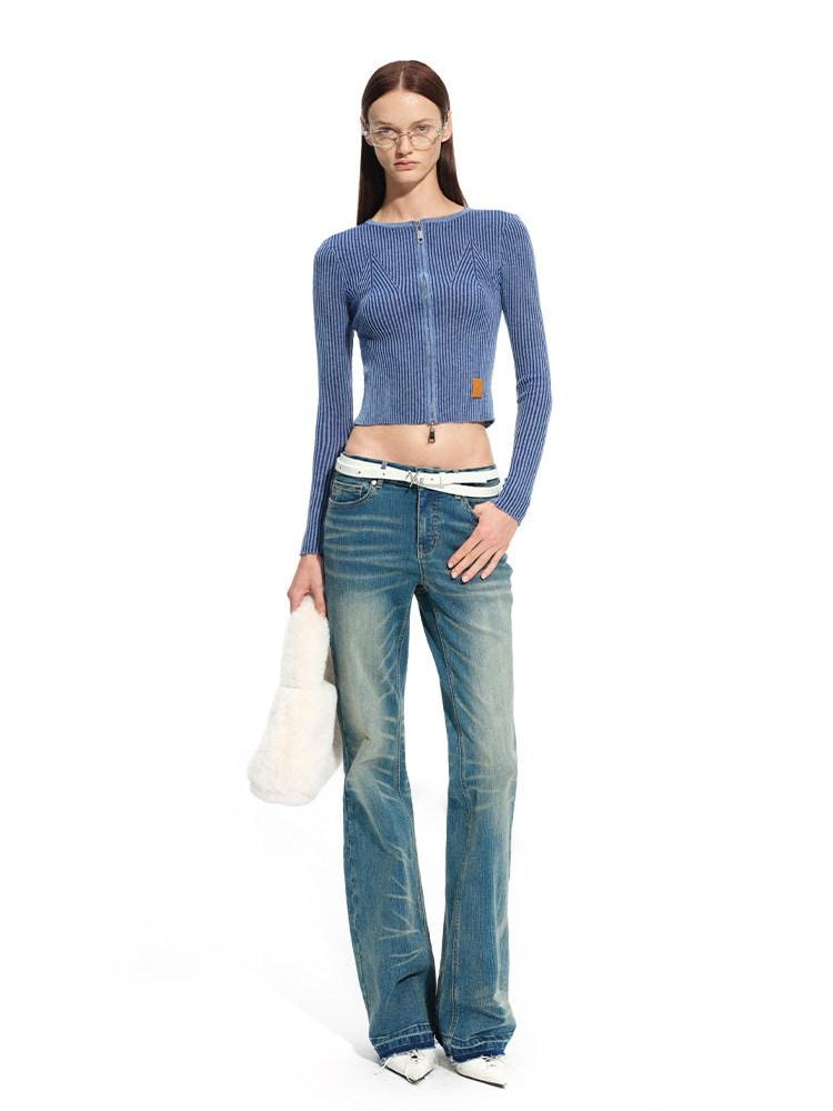 NAWSNOTAWEAR Wool Blend Slim Fit Zip Front Cropped Crew Neck Long Sleeve Women Knit Cardigans