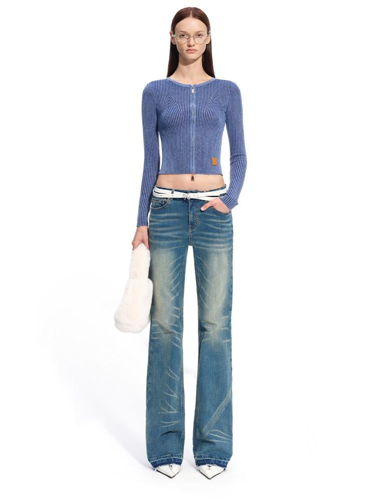 NAWSNOTAWEAR Wool Blend Slim Fit Zip Front Cropped Crew Neck Long Sleeve Women Knit Cardigans