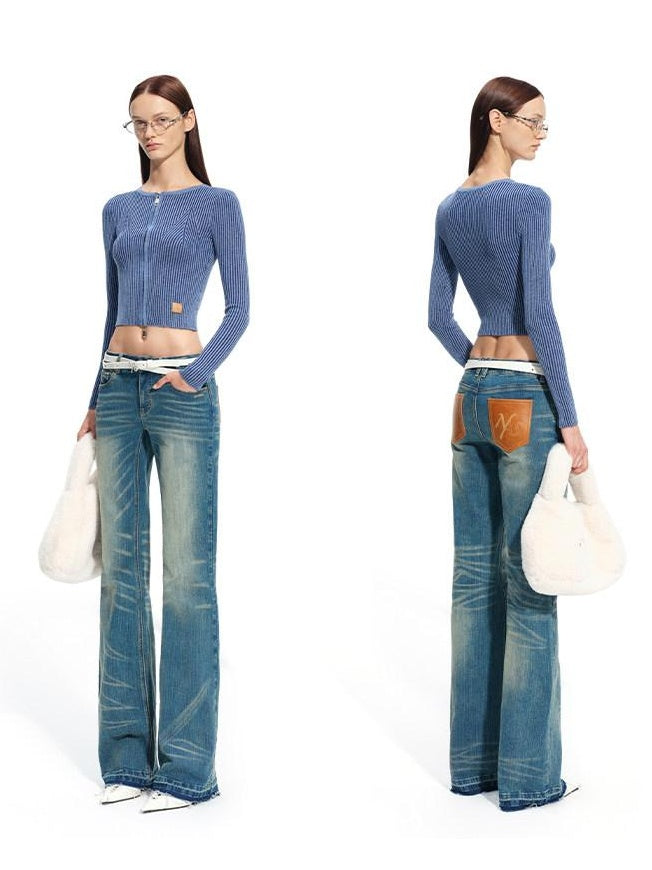 NAWSNOTAWEAR Wool Blend Slim Fit Zip Front Cropped Crew Neck Long Sleeve Women Knit Cardigans