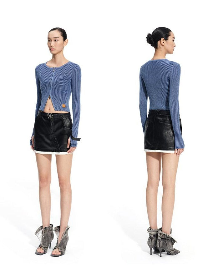 NAWSNOTAWEAR Wool Blend Slim Fit Zip Front Cropped Crew Neck Long Sleeve Women Knit Cardigans