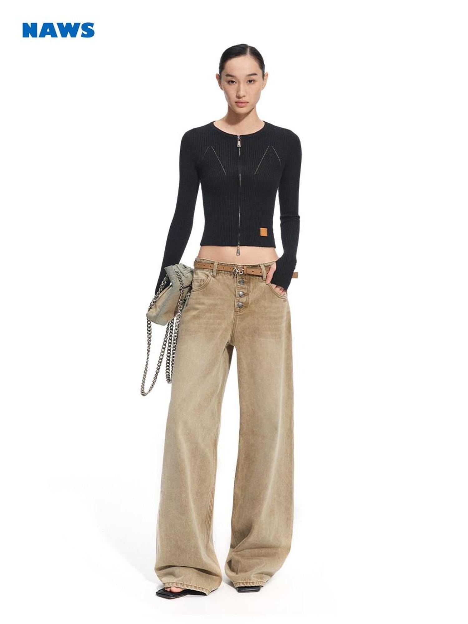 NAWSNOTAWEAR Wool Blend Slim Fit Zip Front Cropped Crew Neck Long Sleeve Women Knit Cardigans