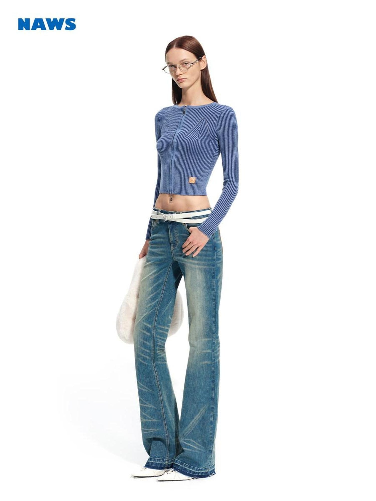 NAWSNOTAWEAR Wool Blend Slim Fit Zip Front Cropped Crew Neck Long Sleeve Women Knit Cardigans