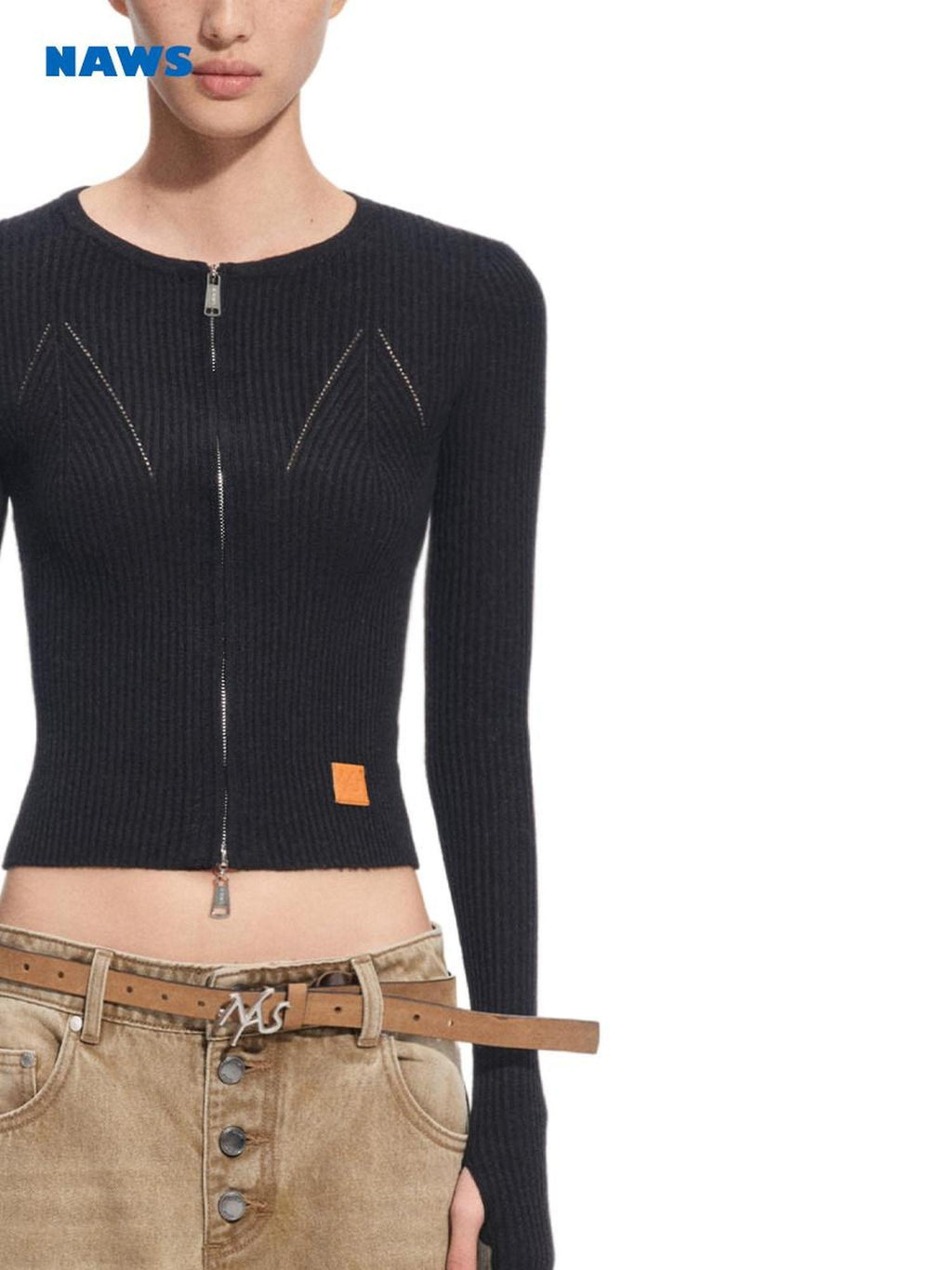 NAWSNOTAWEAR Wool Blend Slim Fit Zip Front Cropped Crew Neck Long Sleeve Women Knit Cardigans