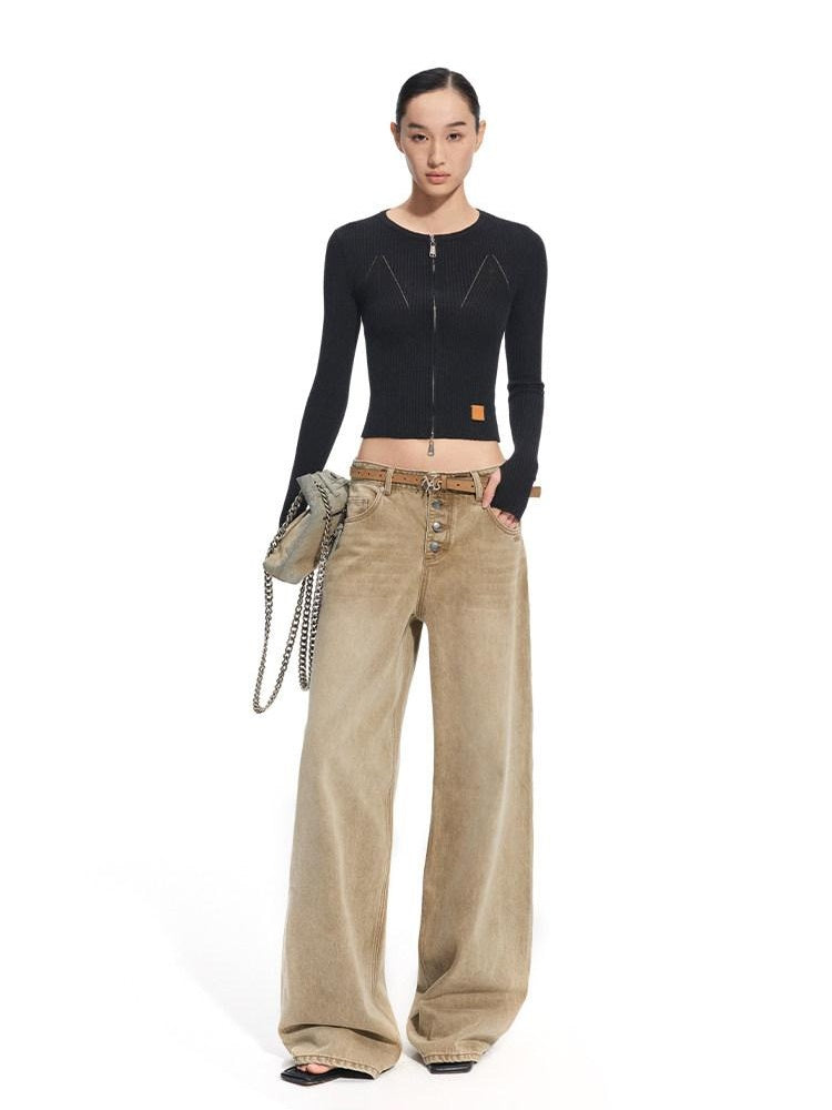 NAWSNOTAWEAR Wool Blend Slim Fit Zip Front Cropped Crew Neck Long Sleeve Women Knit Cardigans