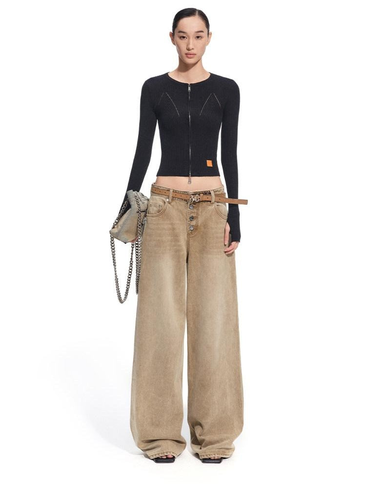 NAWSNOTAWEAR Wool Blend Slim Fit Zip Front Cropped Crew Neck Long Sleeve Women Knit Cardigans