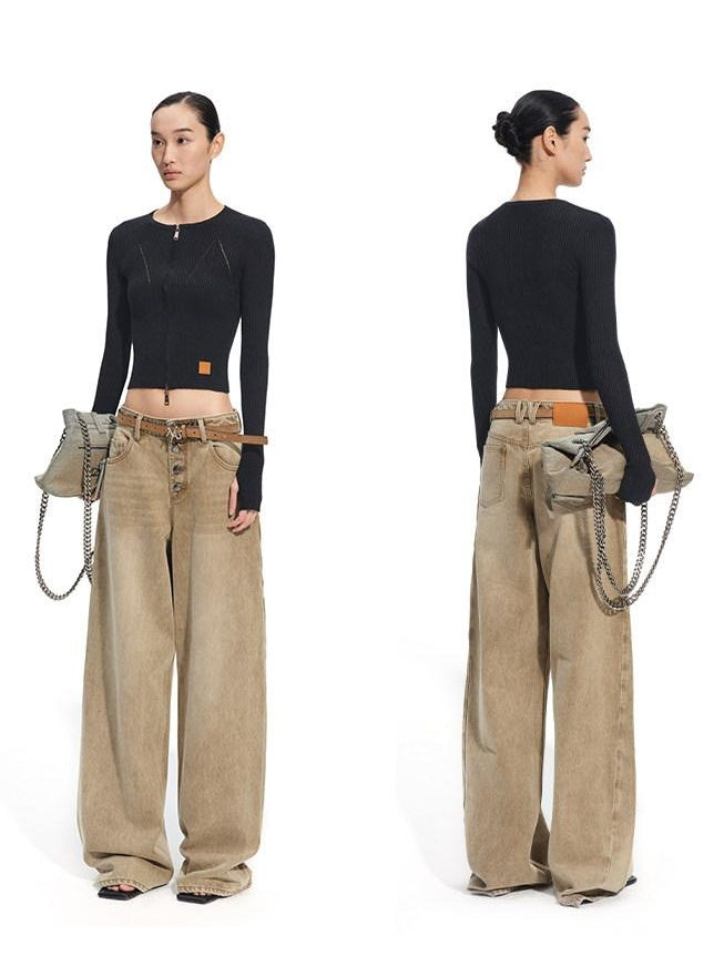 NAWSNOTAWEAR Wool Blend Slim Fit Zip Front Cropped Crew Neck Long Sleeve Women Knit Cardigans