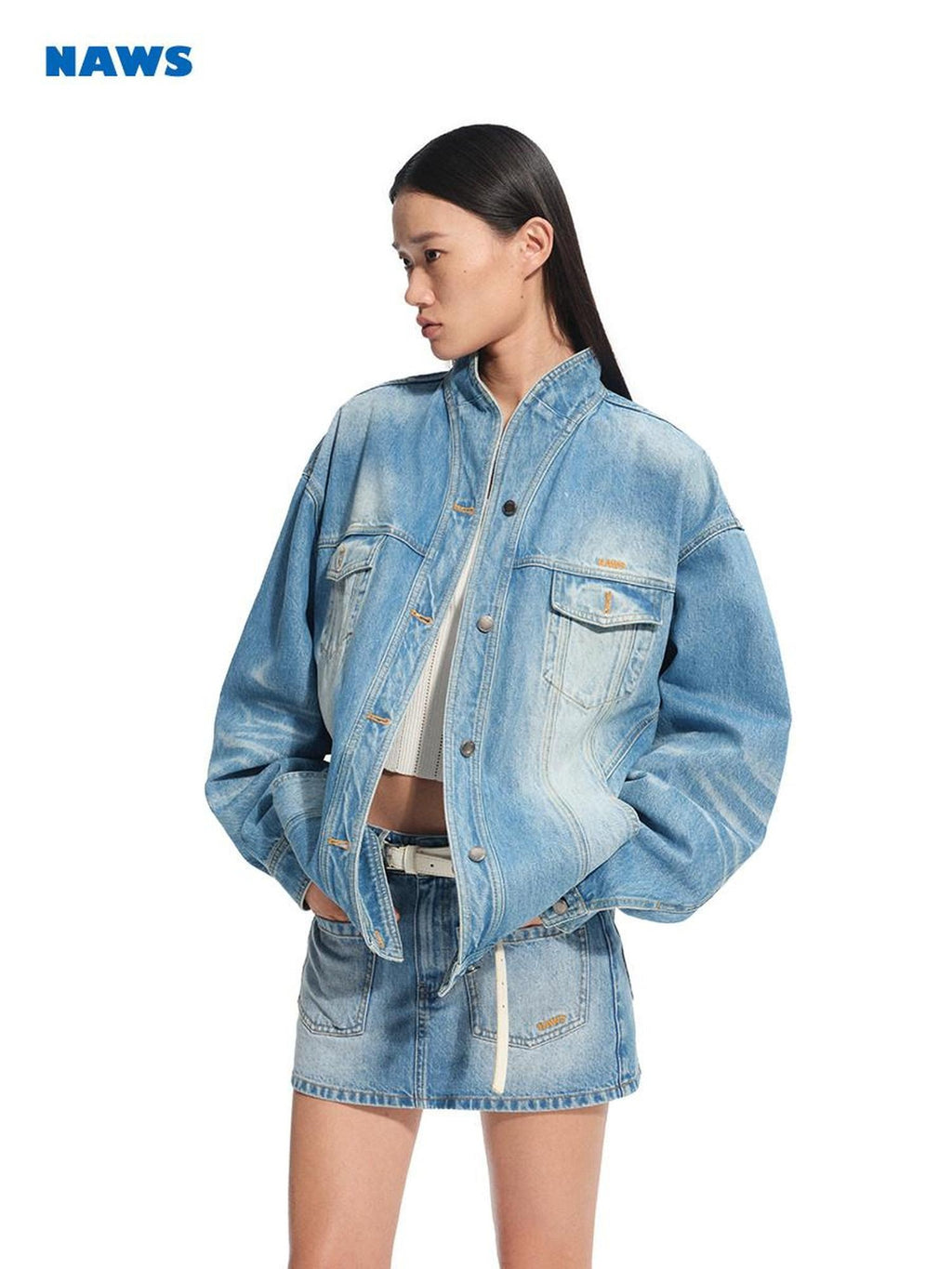 NAWSNOTAWEAR Wrinkle Free Cotton Loose Fit Stand Collar Women Glacier Blue Denim Jackets