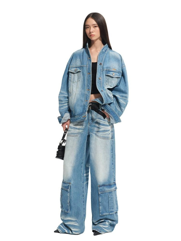 NAWSNOTAWEAR Wrinkle Free Cotton Loose Fit Stand Collar Women Glacier Blue Denim Jackets