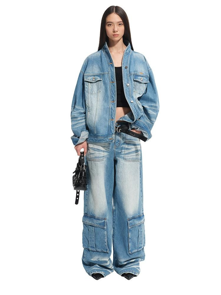 NAWSNOTAWEAR Wrinkle Free Cotton Loose Fit Stand Collar Women Glacier Blue Denim Jackets