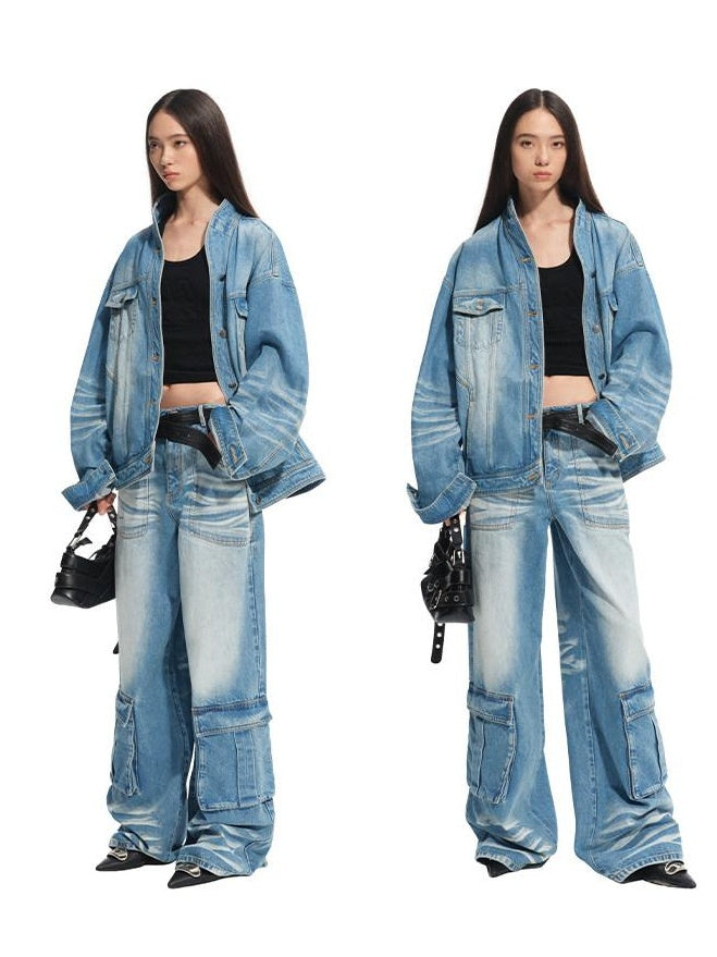 NAWSNOTAWEAR Wrinkle Free Cotton Loose Fit Stand Collar Women Glacier Blue Denim Jackets
