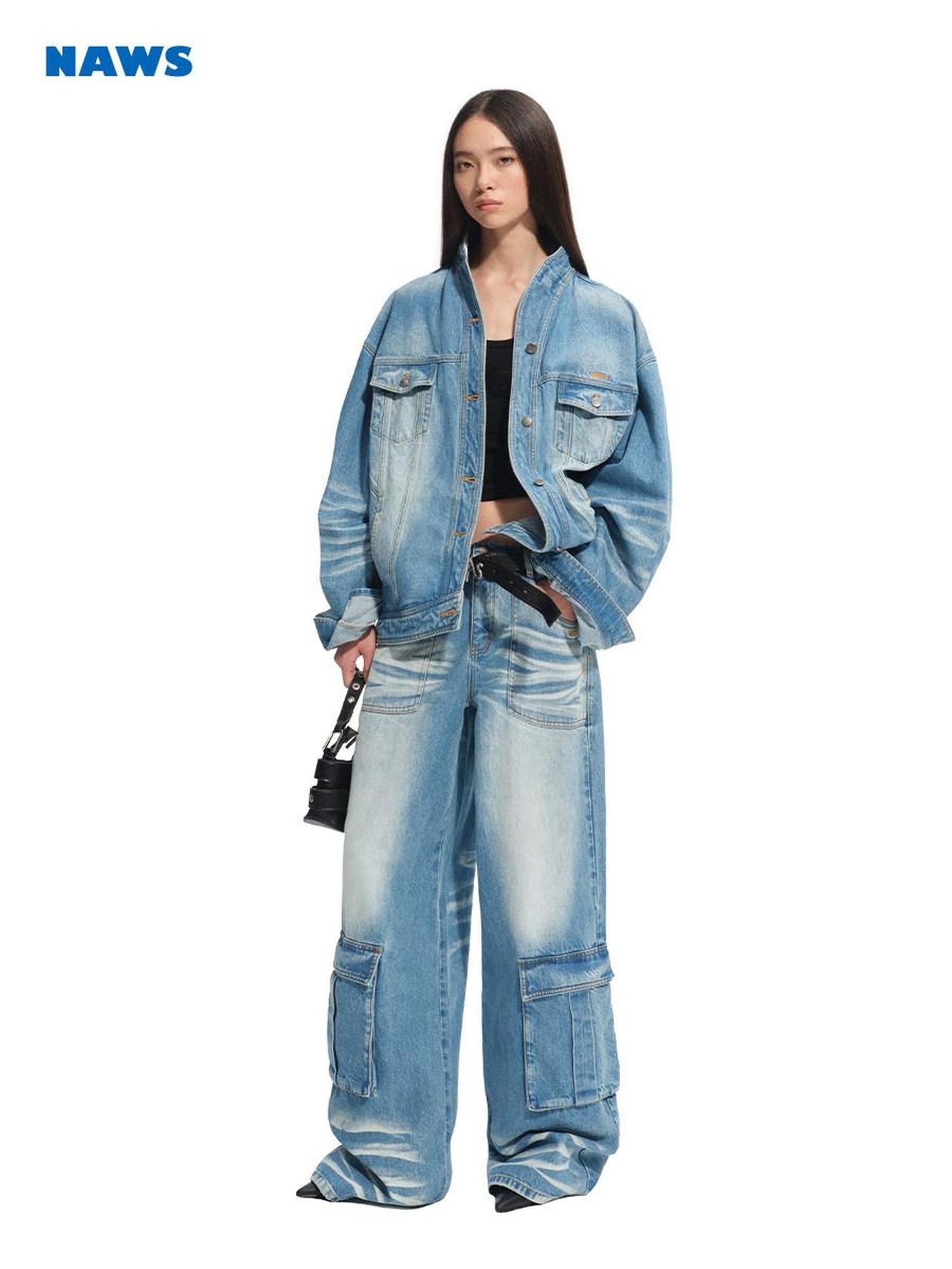 NAWSNOTAWEAR Wrinkle Free Cotton Loose Fit Stand Collar Women Glacier Blue Denim Jackets