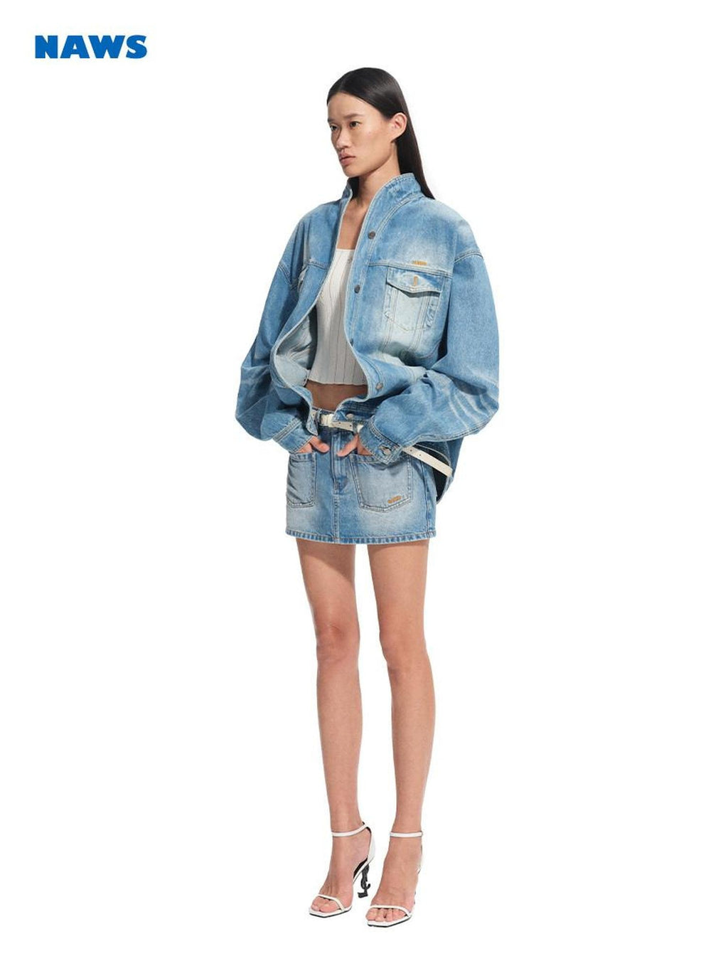 NAWSNOTAWEAR Wrinkle Free Cotton Loose Fit Stand Collar Women Glacier Blue Denim Jackets