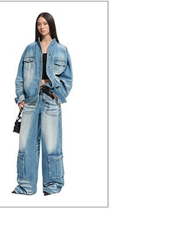 NAWSNOTAWEAR Wrinkle Free Cotton Loose Fit Stand Collar Women Glacier Blue Denim Jackets