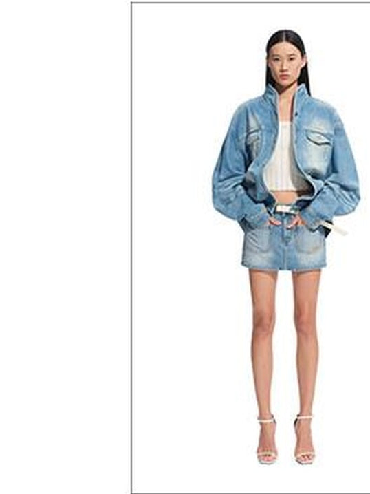 NAWSNOTAWEAR Wrinkle Free Cotton Loose Fit Stand Collar Women Glacier Blue Denim Jackets