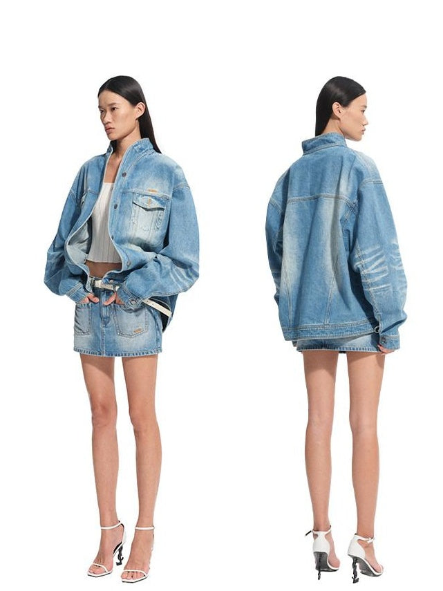 NAWSNOTAWEAR Wrinkle Free Cotton Loose Fit Stand Collar Women Glacier Blue Denim Jackets