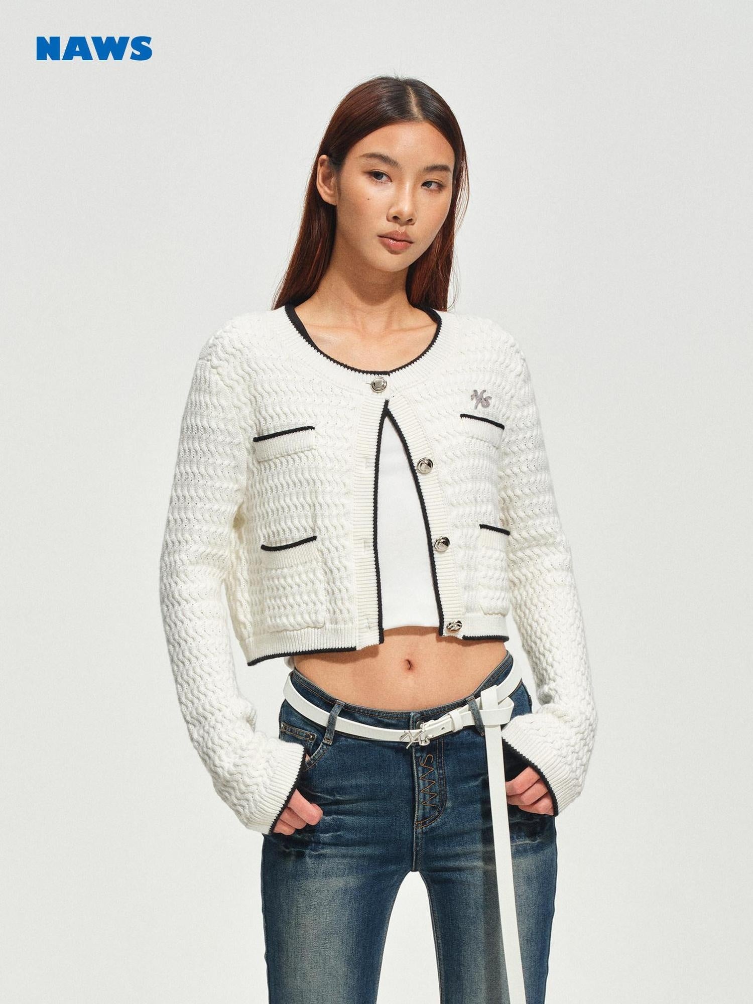 NAWSNOTAWEAR Wrinkle Resistant Boucle Short Cropped Button Round Neck Women Travel Cardigans