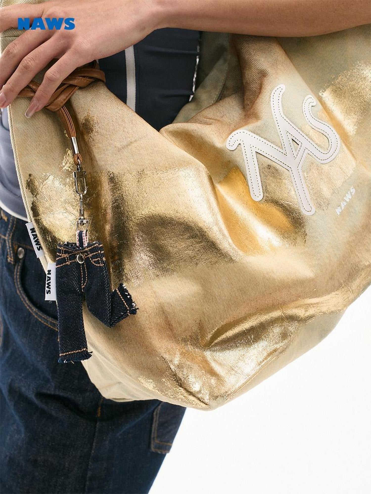 NAWSNOTAWEAR Zipper Minimalist Crescent Unisex Letter Print Golden Sulfur Yellow Tote Bags
