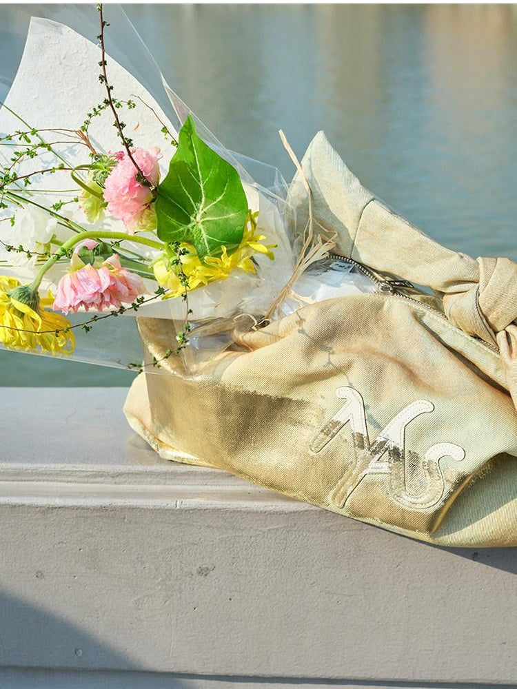 NAWSNOTAWEAR Zipper Minimalist Crescent Unisex Letter Print Golden Sulfur Yellow Tote Bags