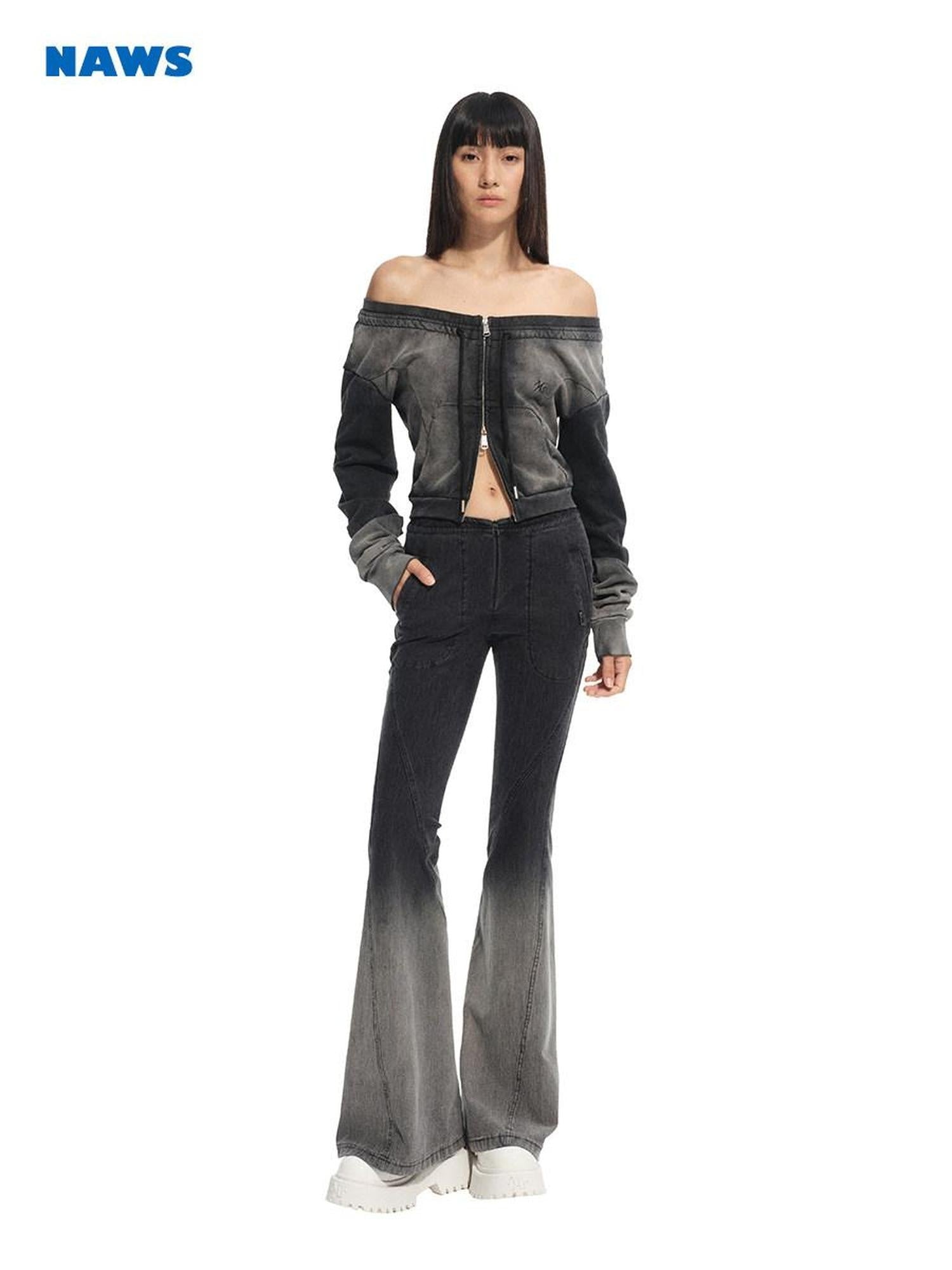 NAWSNOTAWEAR Zippered Long Sleeve Straight Crop Cotton Commuter Off Shoulder Crop Tops