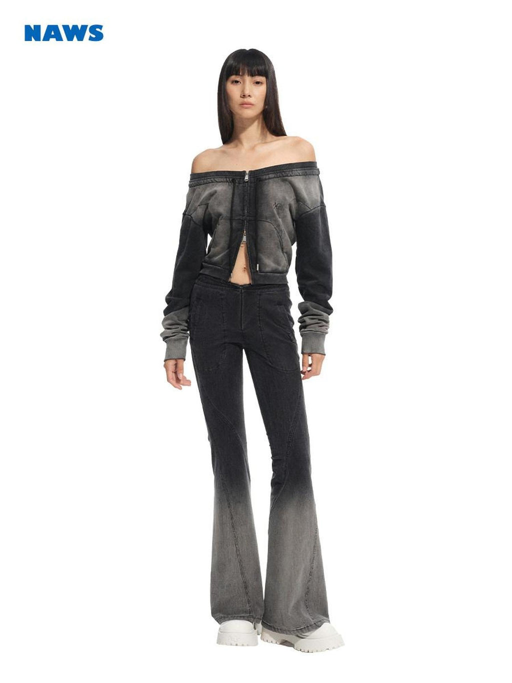 NAWSNOTAWEAR Zippered Long Sleeve Straight Crop Cotton Commuter Off Shoulder Crop Tops