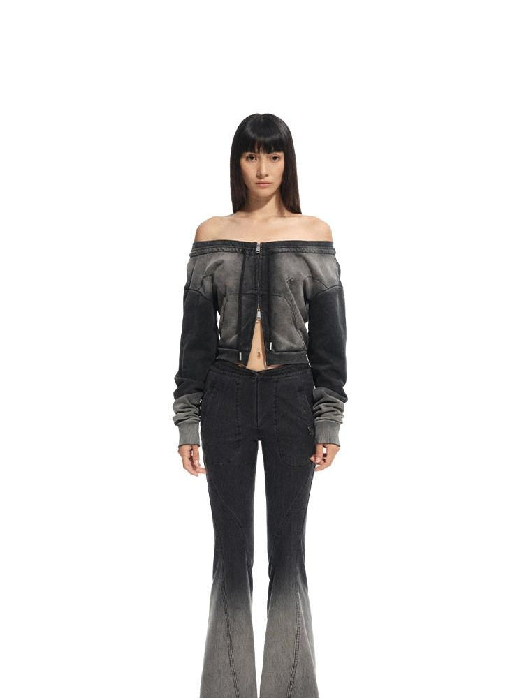 NAWSNOTAWEAR Zippered Long Sleeve Straight Crop Cotton Commuter Off Shoulder Crop Tops