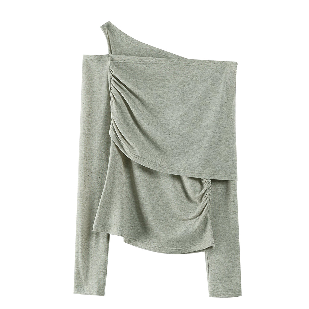 someonesometimes_Slim_Asymmetric_Slanted_Neck_Knit_Women_Moss_Green_Solid_Long_Sleeve_T-Shirts_MISSTT