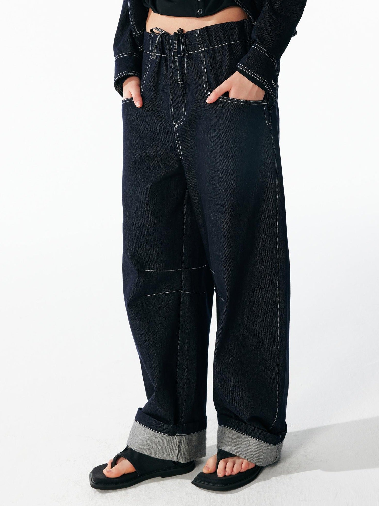 ALINNVSTUDIO Relaxed Fit Cotton Natural Waist Topstitch Deep Indigo Women Wide Leg Jeans