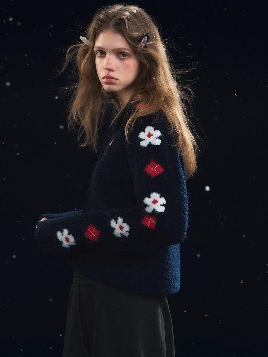 SOMESOWE Floral Embroidered Vintage Lapel Button Navy Long Sleeve Casual Women Cardigans