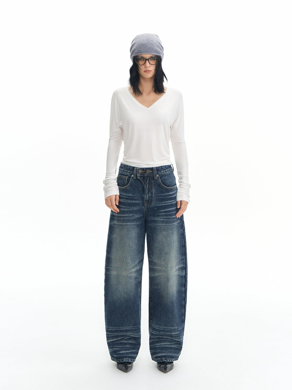 DeleteEx High Waist Mid Stretch Vintage Washed Loose Women Deep Blue Wide Leg Jeans