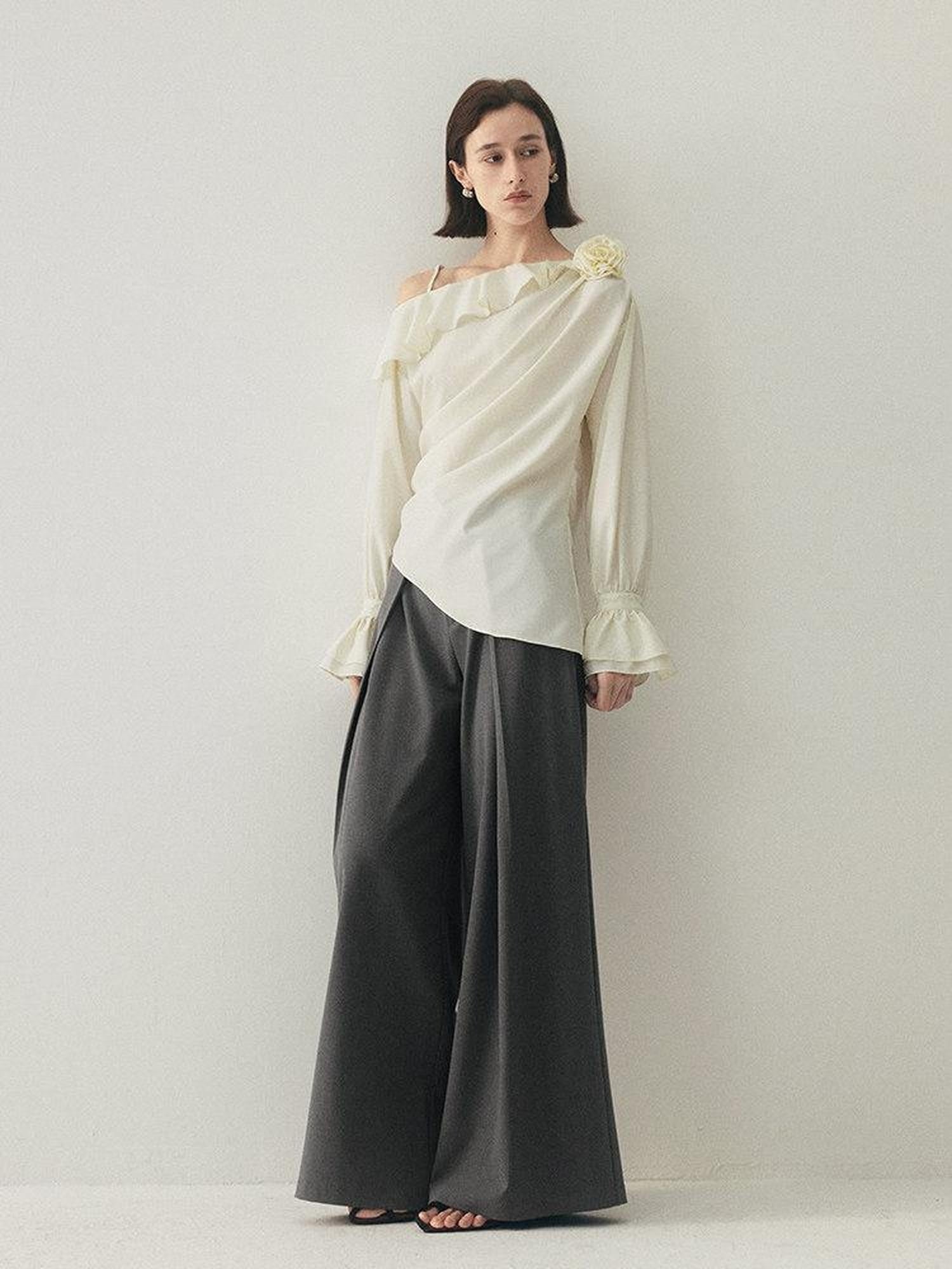 someonesometimes High Waist Stretch Belt Detail Minimalist Polyester Blend Women Wide Leg Pants